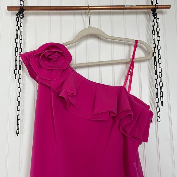 NWT Marina Fuschia Ruffled One Shoulder Dress Plus Size 16 Knee Length - Picture 3 of 8